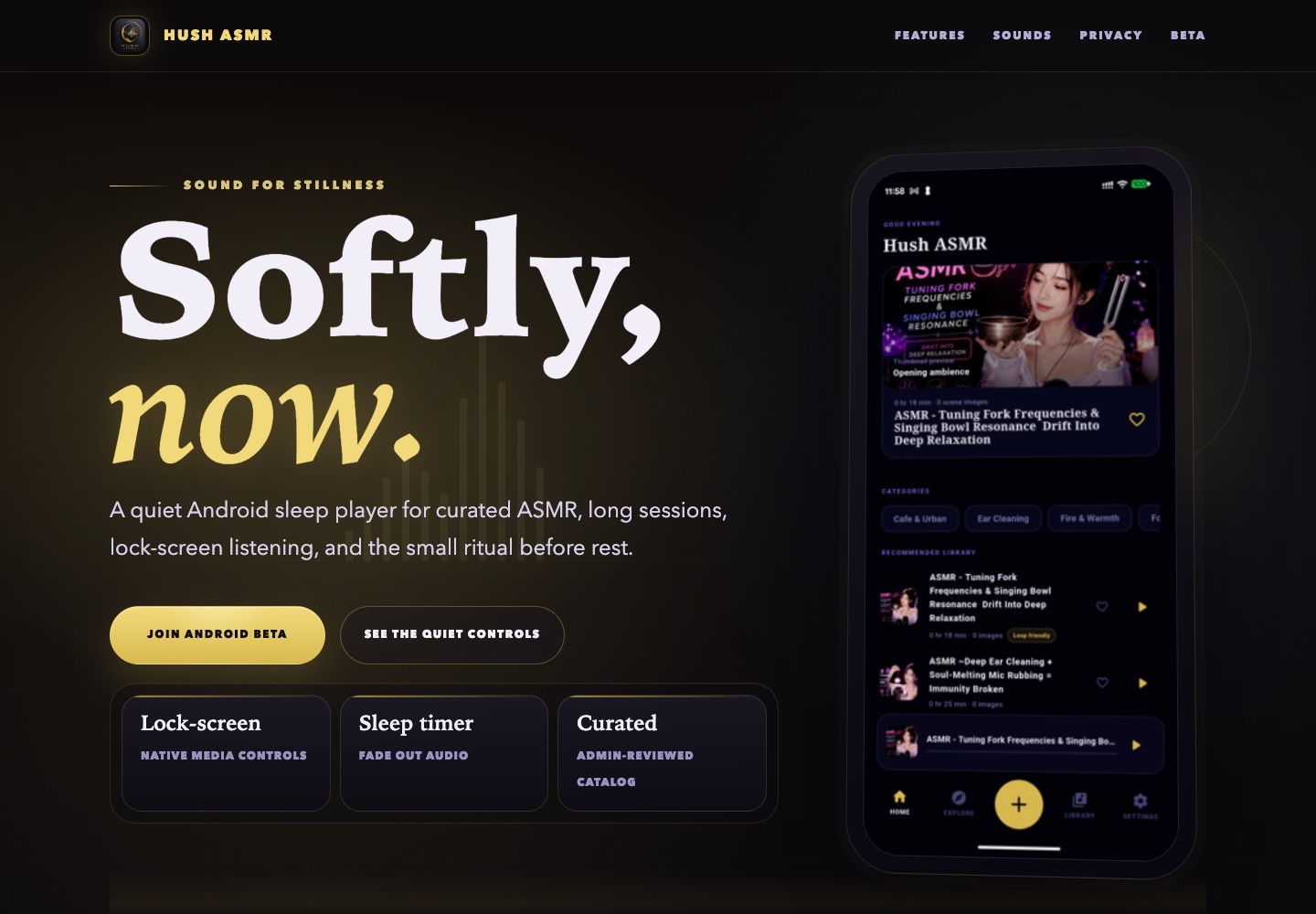 Hush ASMR Android sleep player website preview